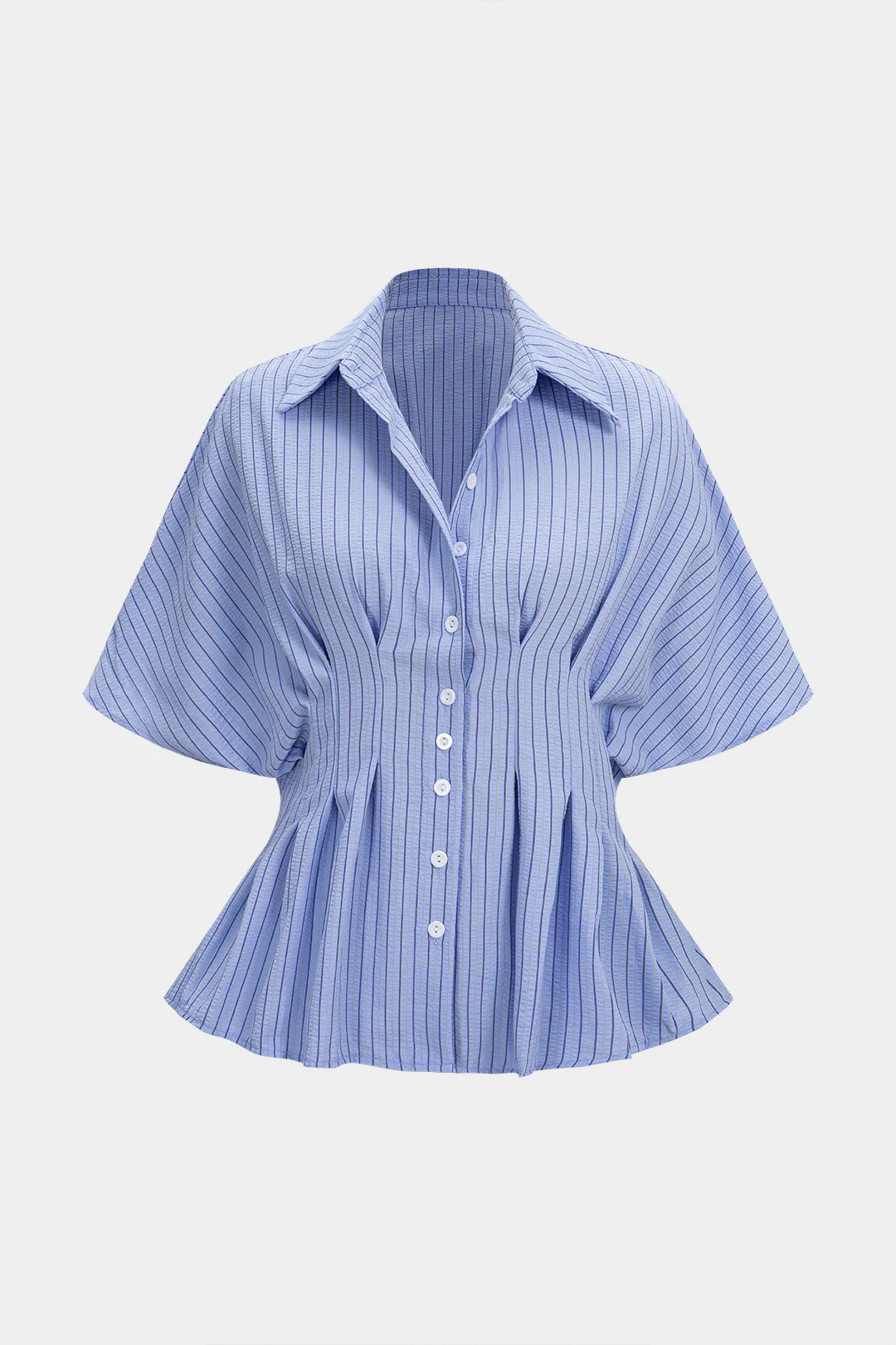 Stripes Print Lapel Ruched Short Sleeve Shirt - Weenar