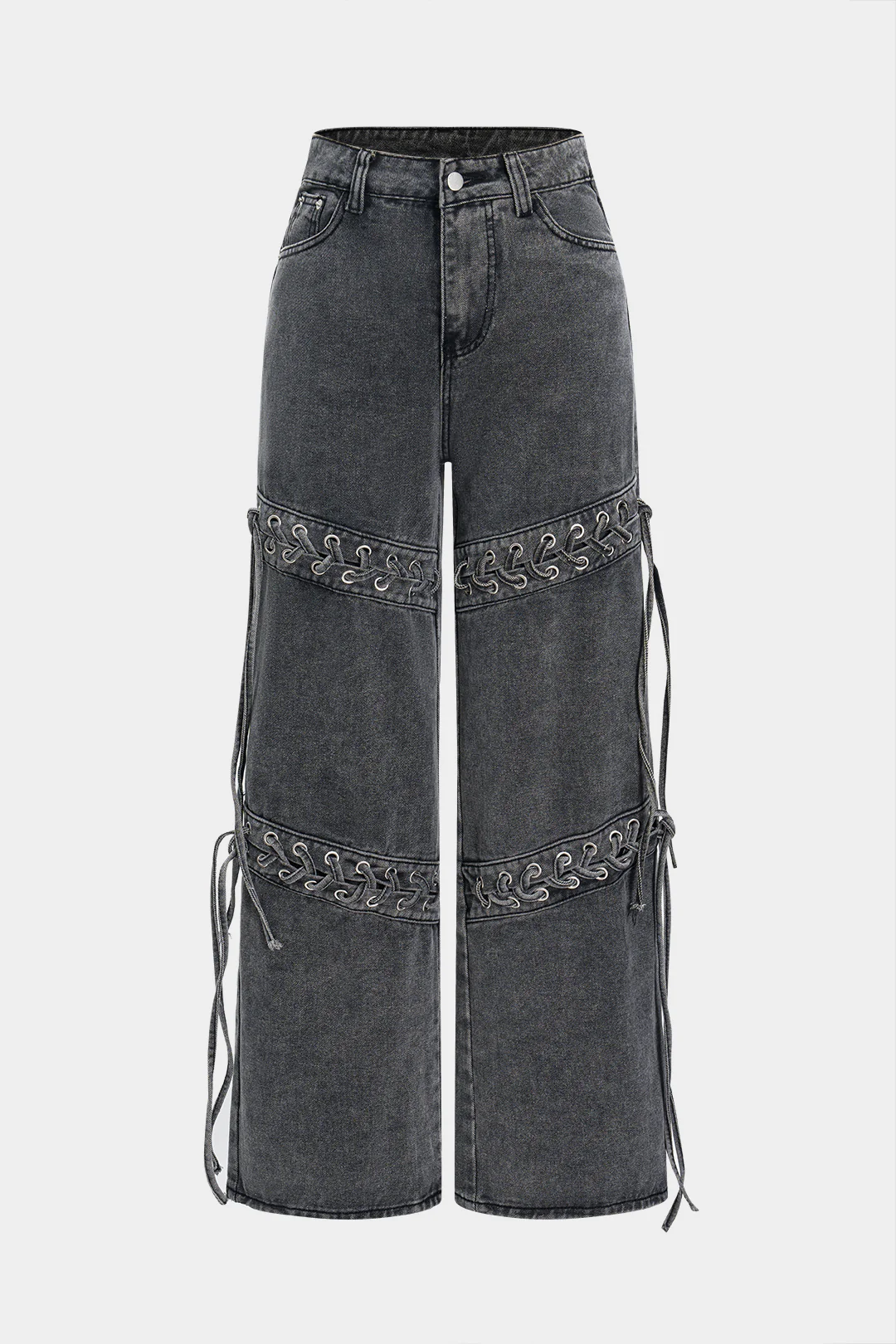 Denim Washed Lace-Up Wide Leg Jeans - Weenar