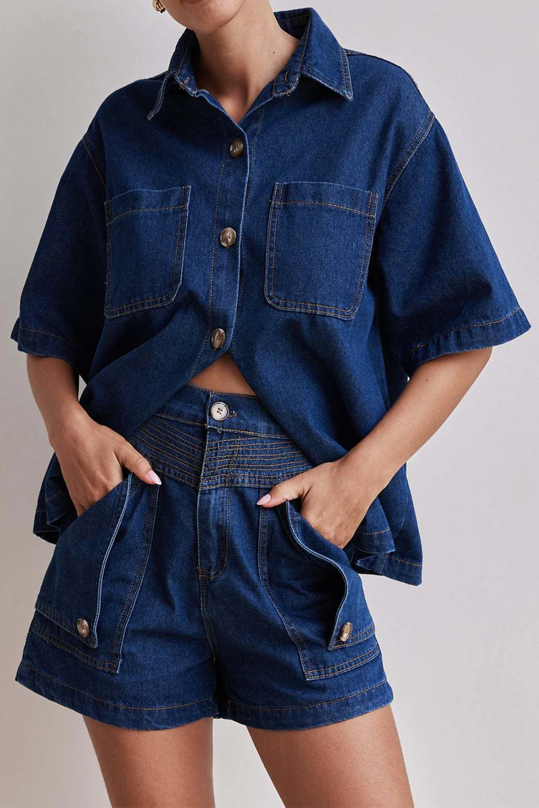 Denim Button Short-Sleeve Shirt And Pocket Shorts Set - Weenar