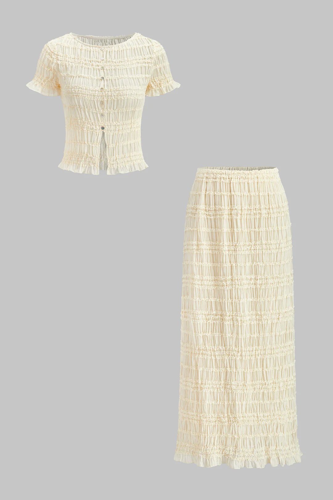 Chiffon Shirred Ruched Short-Sleeve Top And Skirt Set - Weenar