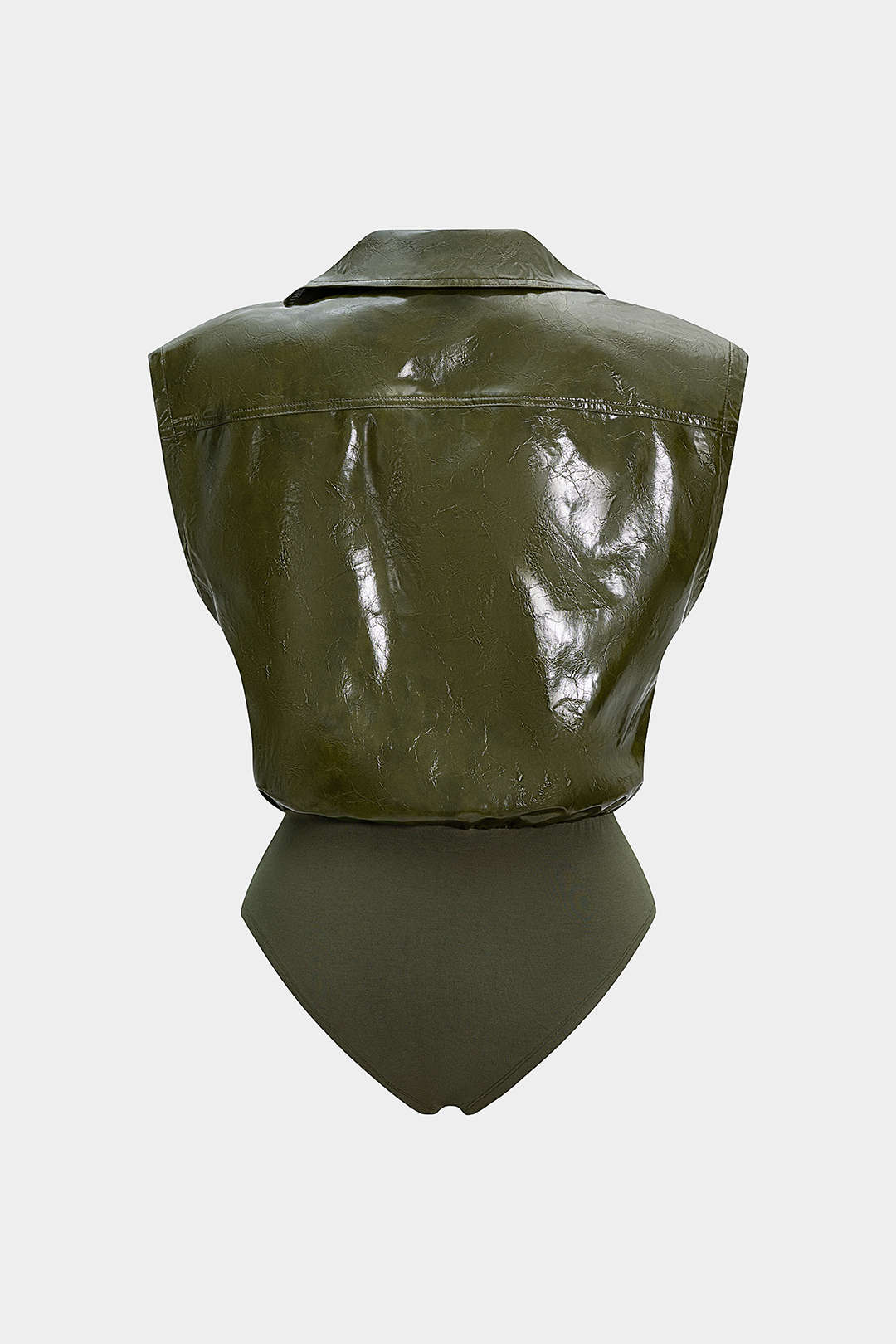 Faux Leather Button Patchwork Tank Sleeveless Bodysuit - Weenar