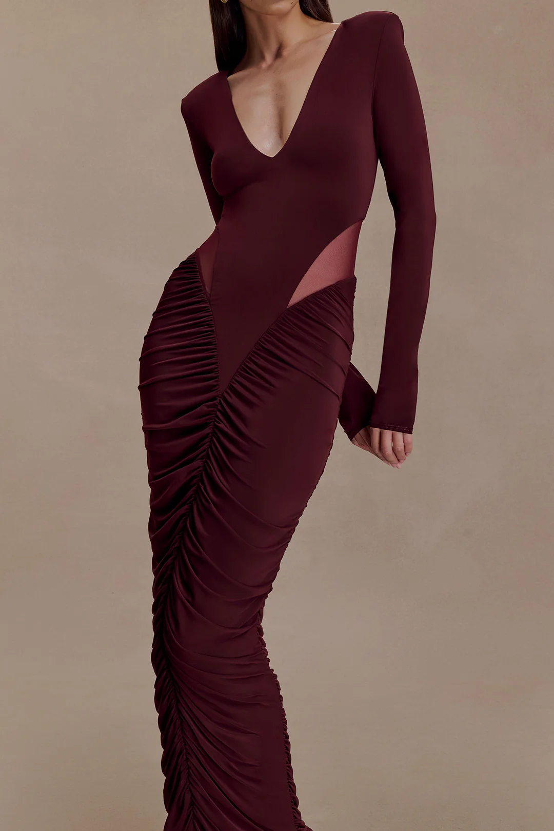 Patchwork Mesh Ruched V-Neck Long Sleeve Maxi Dress - Weenar