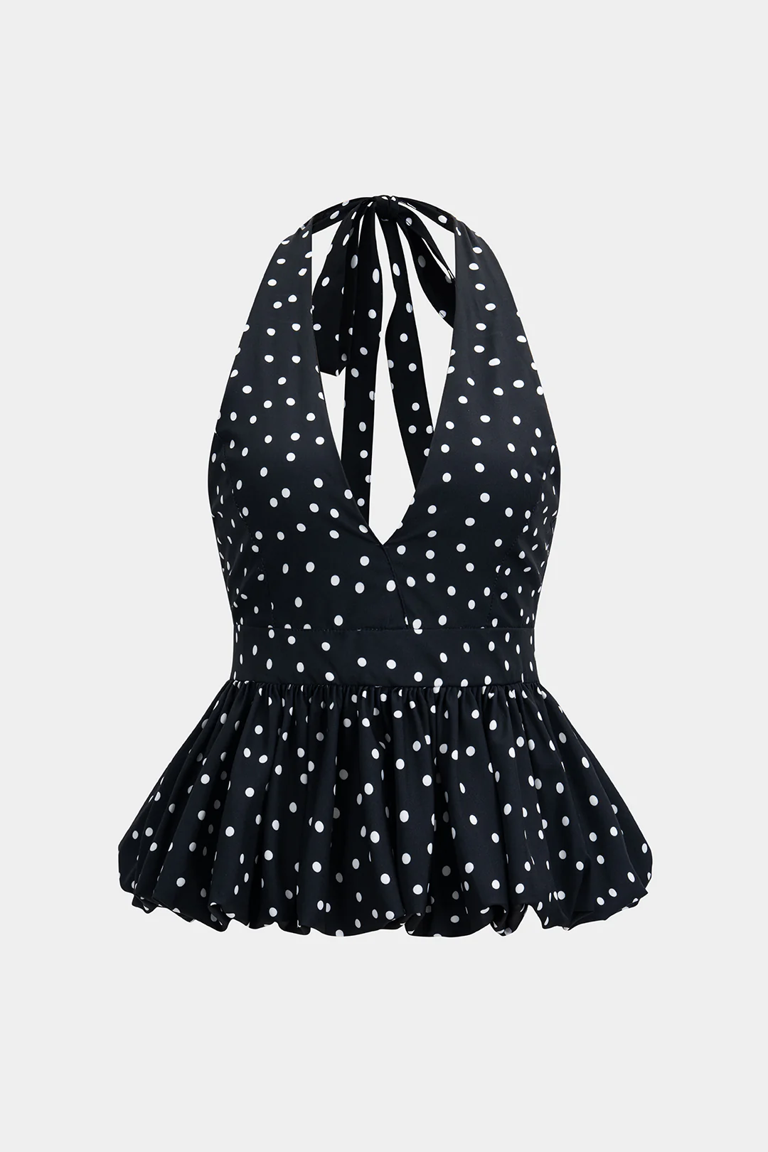 Polka Dots Print Halter Neck Tie-Up Puff Hem Backless Tank Top - Weenar