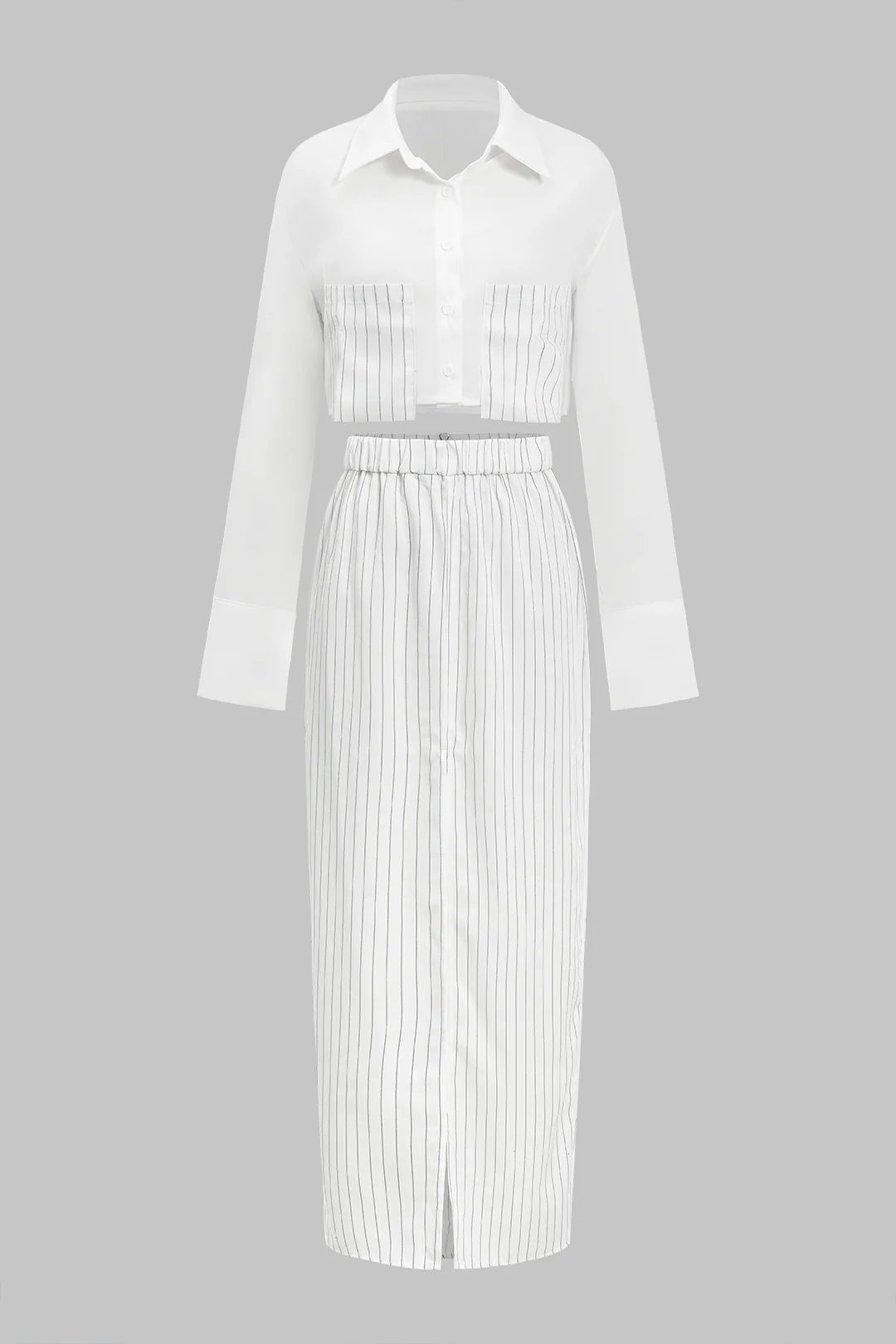 Solid Patchwork Pocket Shirt And Split Skirt Set - Weenar