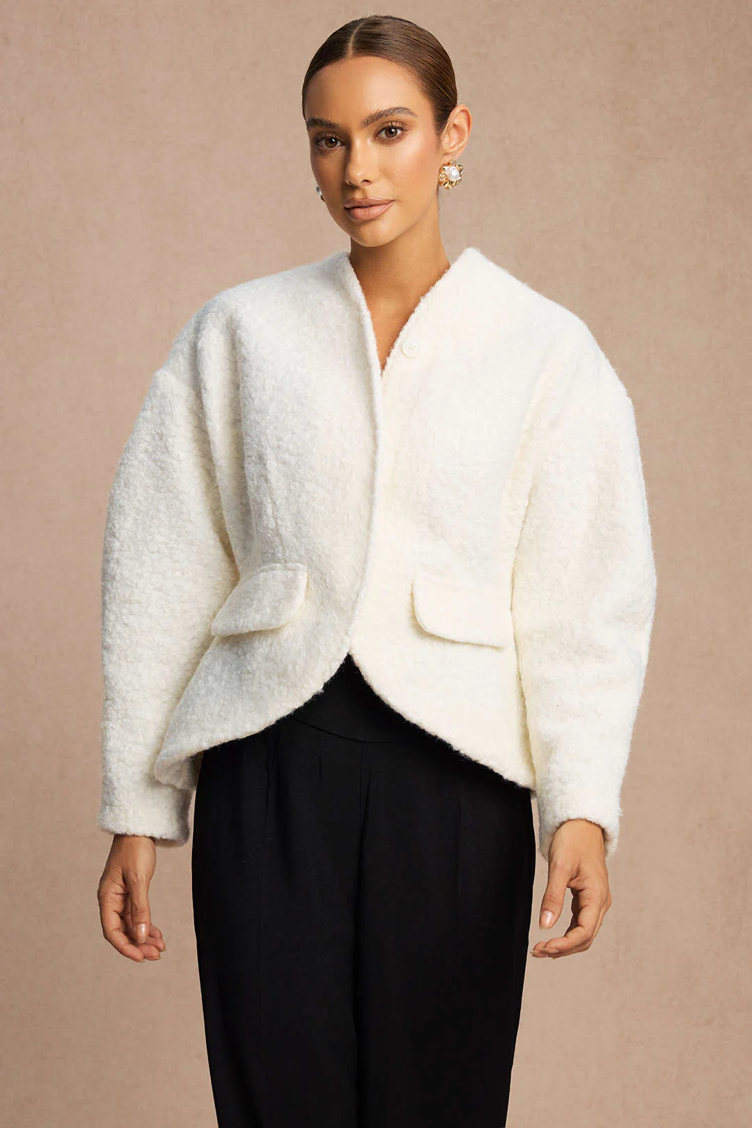 Woolen Fake Pockets Cropped Jacket - Weenar