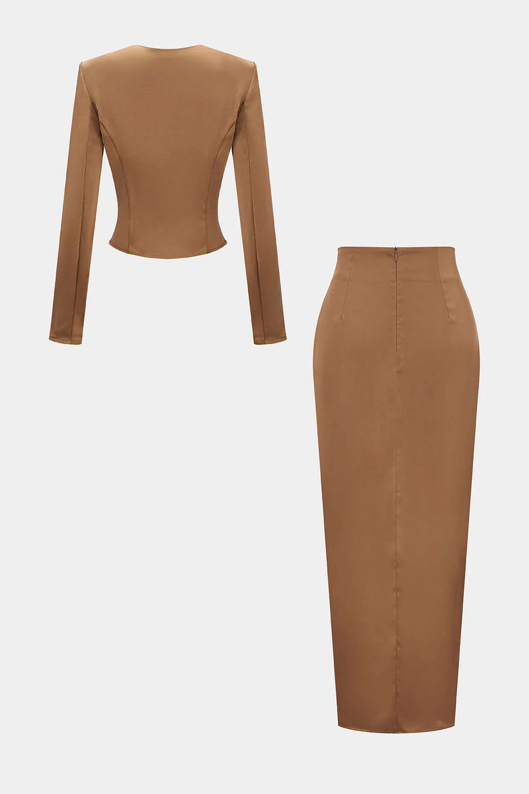 Asymmetrical Neck Ruched Long-Sleeve Top And Skirt Set - Weenar