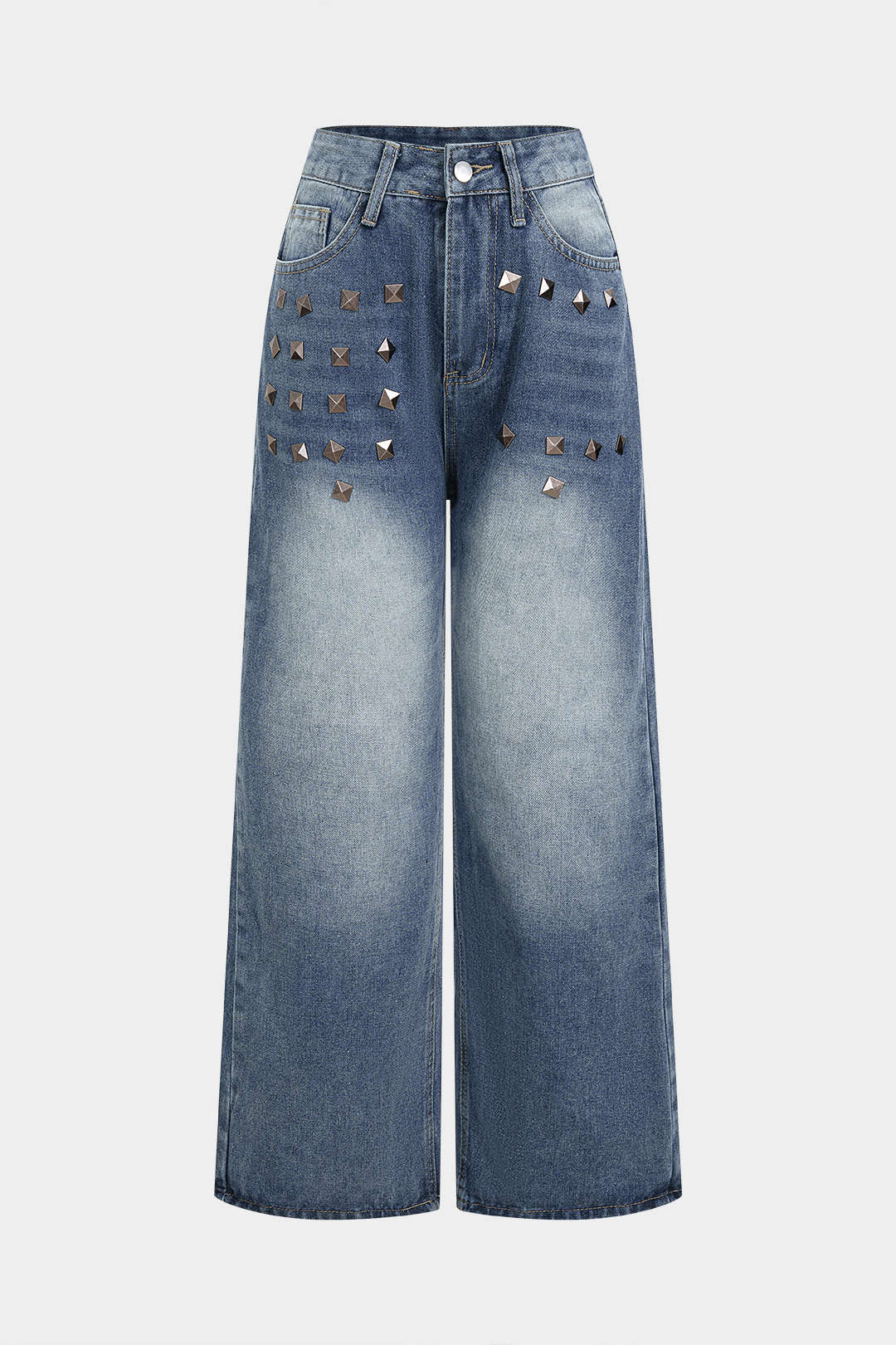 Denim Rivets Decor Pocket Wide Leg Jeans - Weenar