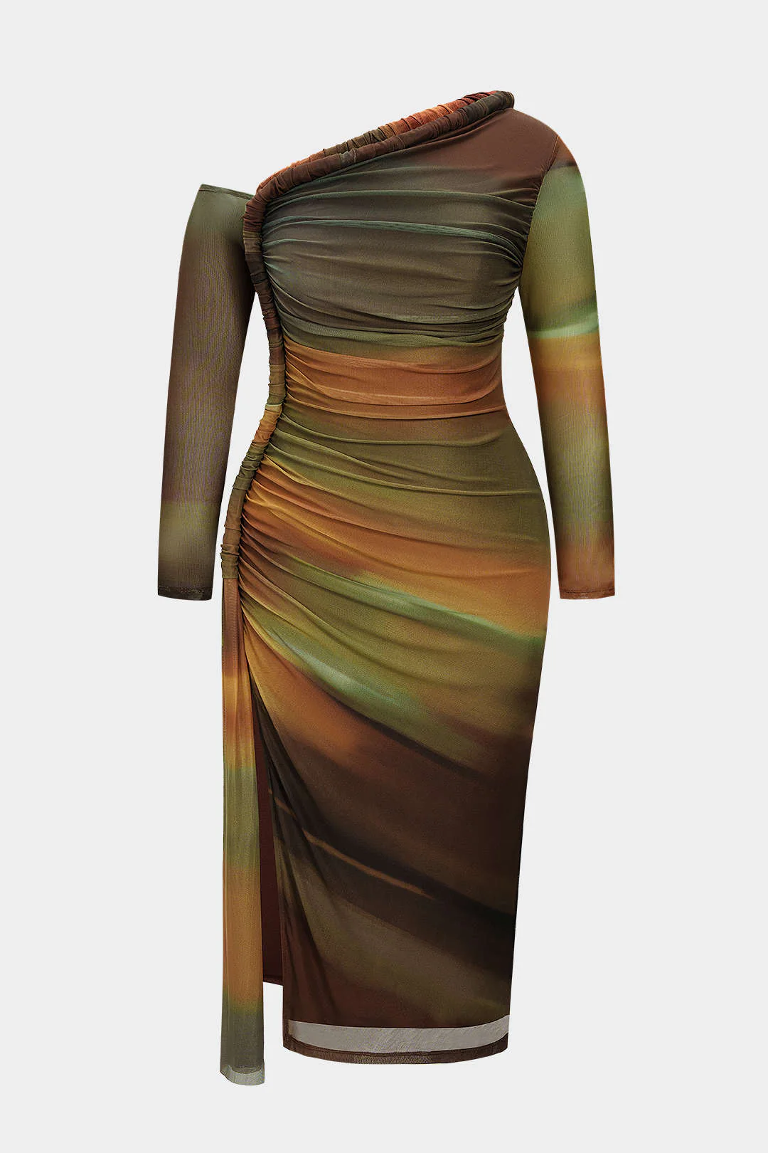 Plus Size Colorblock Print Mesh Ruched Asymmetrical Long Sleeve Midi Dress - Weenar