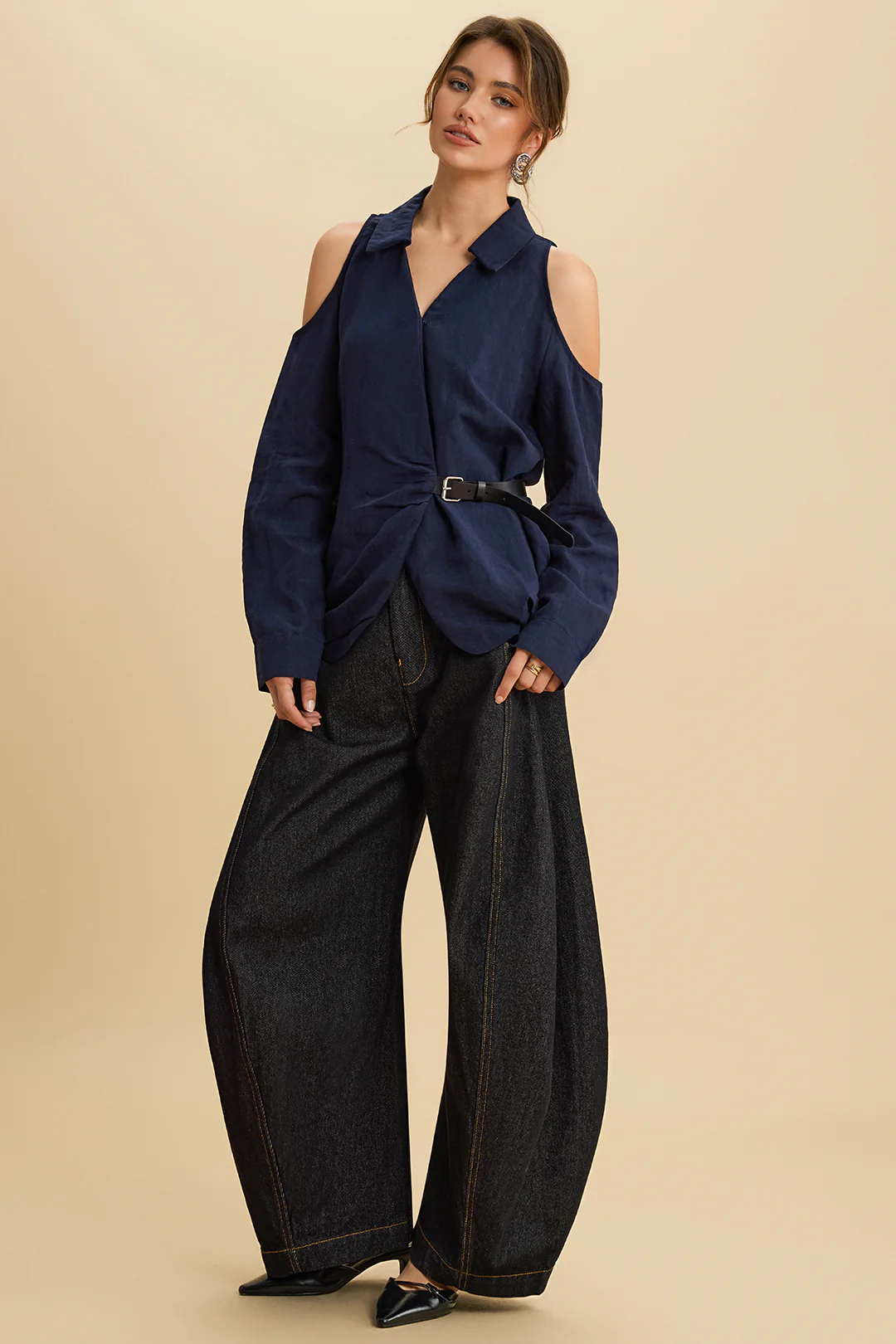 Linen Asymmetrical Belted Cut Out Long-Sleeve Shirt - Weenar