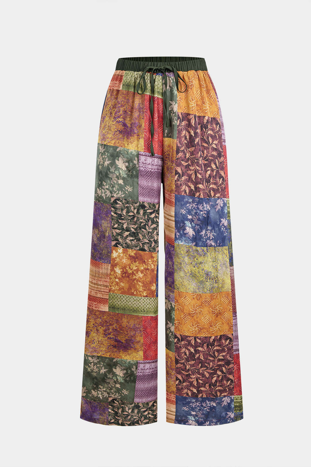 Abstract Print Satin Shirred Waistband Wide Leg Pants - Weenar