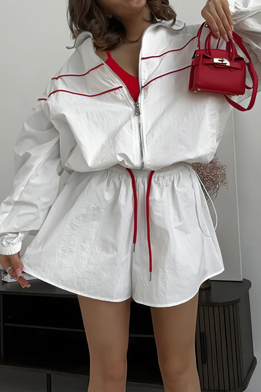 Contrast Binding Zipper Long-Sleeve Top And Tie-Up Wide Leg Shorts Set - Weenar