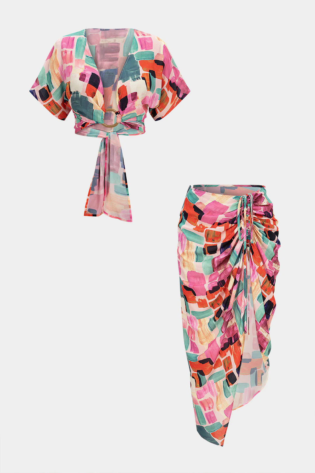 Abstract Print V-Neck Tie-Up Short Sleeves Top And Asymmetrical Drawstring Ruched Skirt Set - Weenar