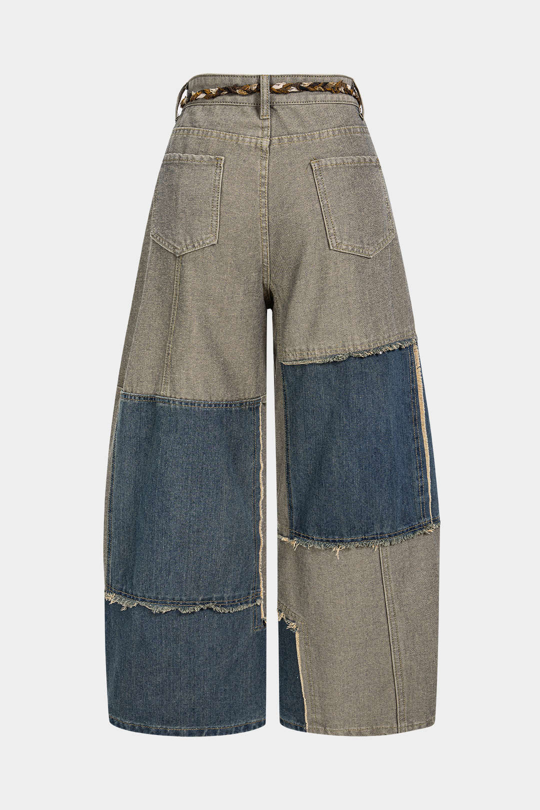 Denim Braided Belted Frayed Pocket Wide Leg Jeans - Weenar