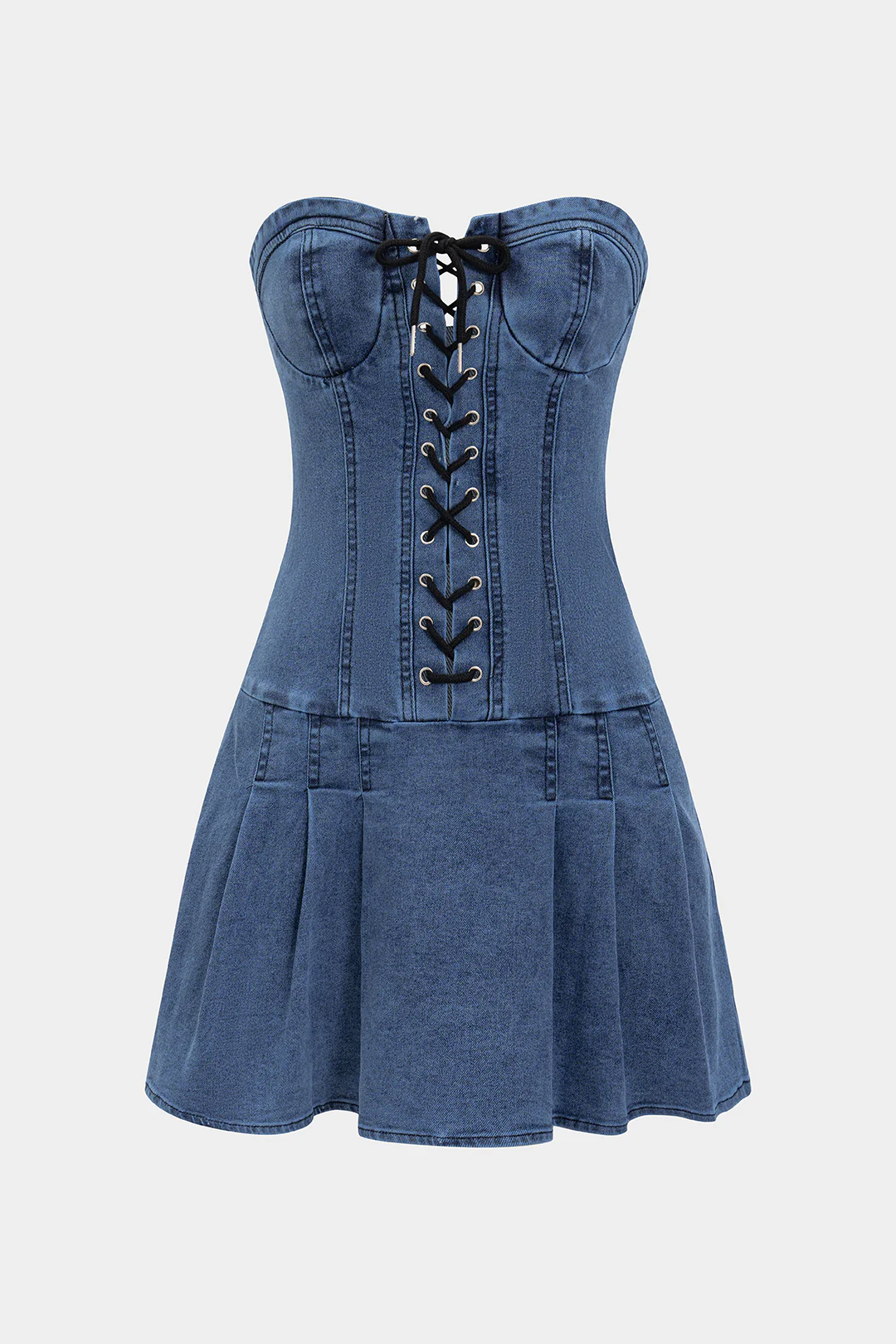 Denim Tie-Front Bustier Zipper Sleeveless Dress - Weenar