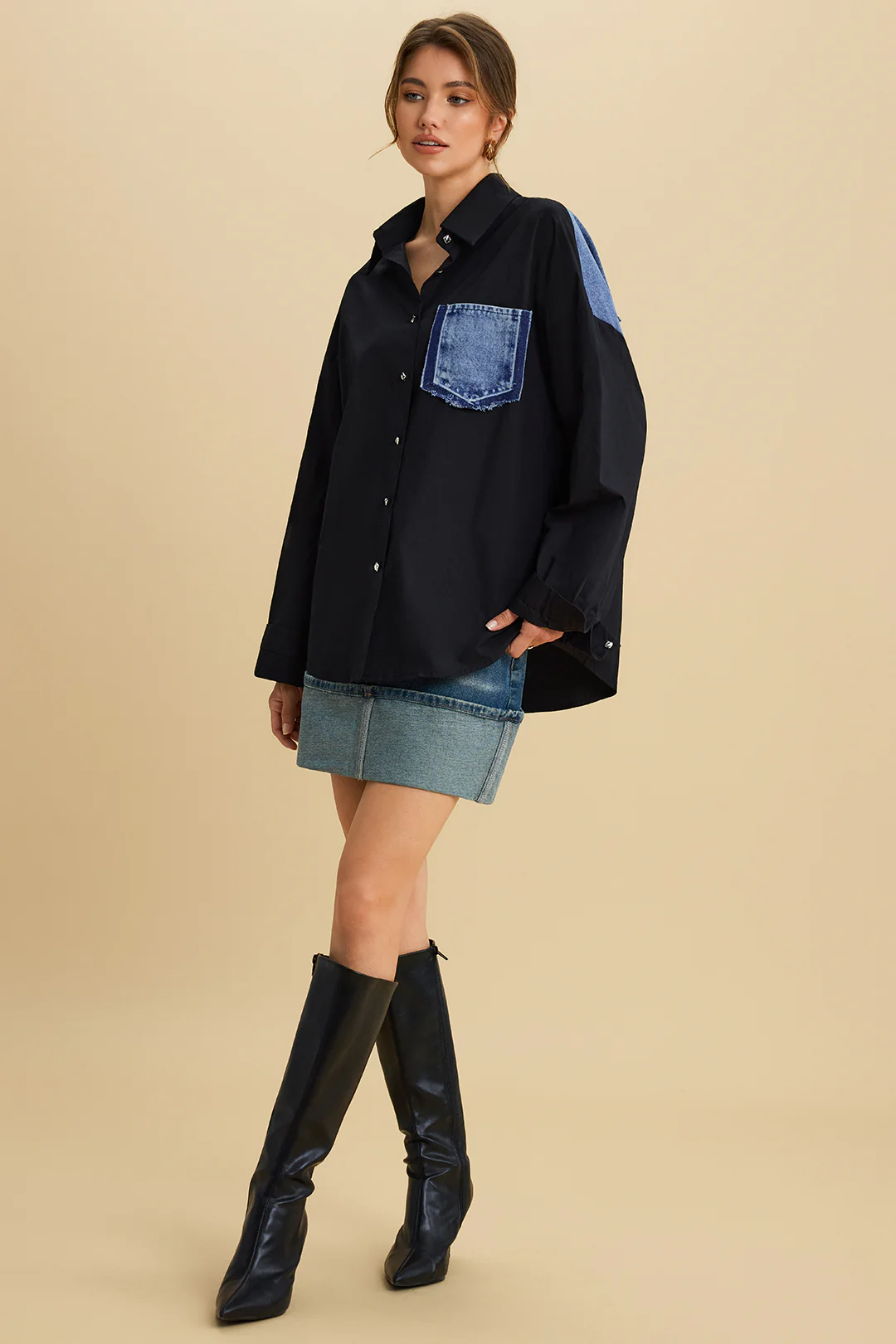 Patchwork Denim Long Sleeve Shirt - Weenar