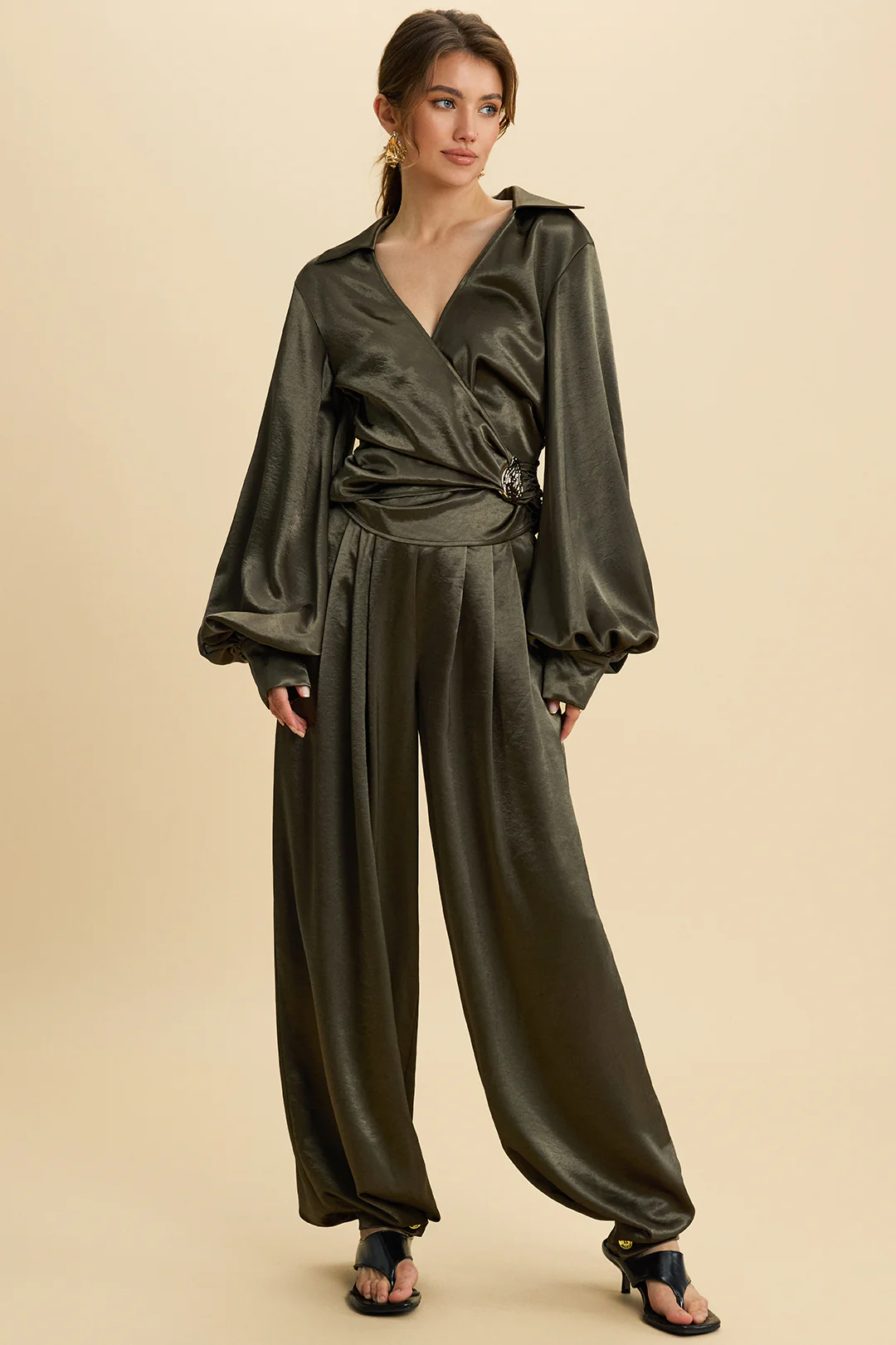 Satin High Waist Pleated Pants - Weenar