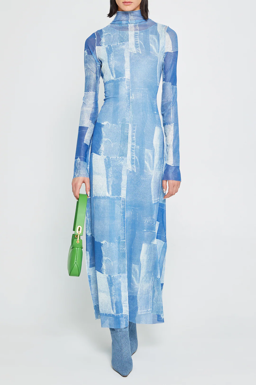 Contrast Denim Print  High Collar Long Sleeve Maxi Dress - Weenar