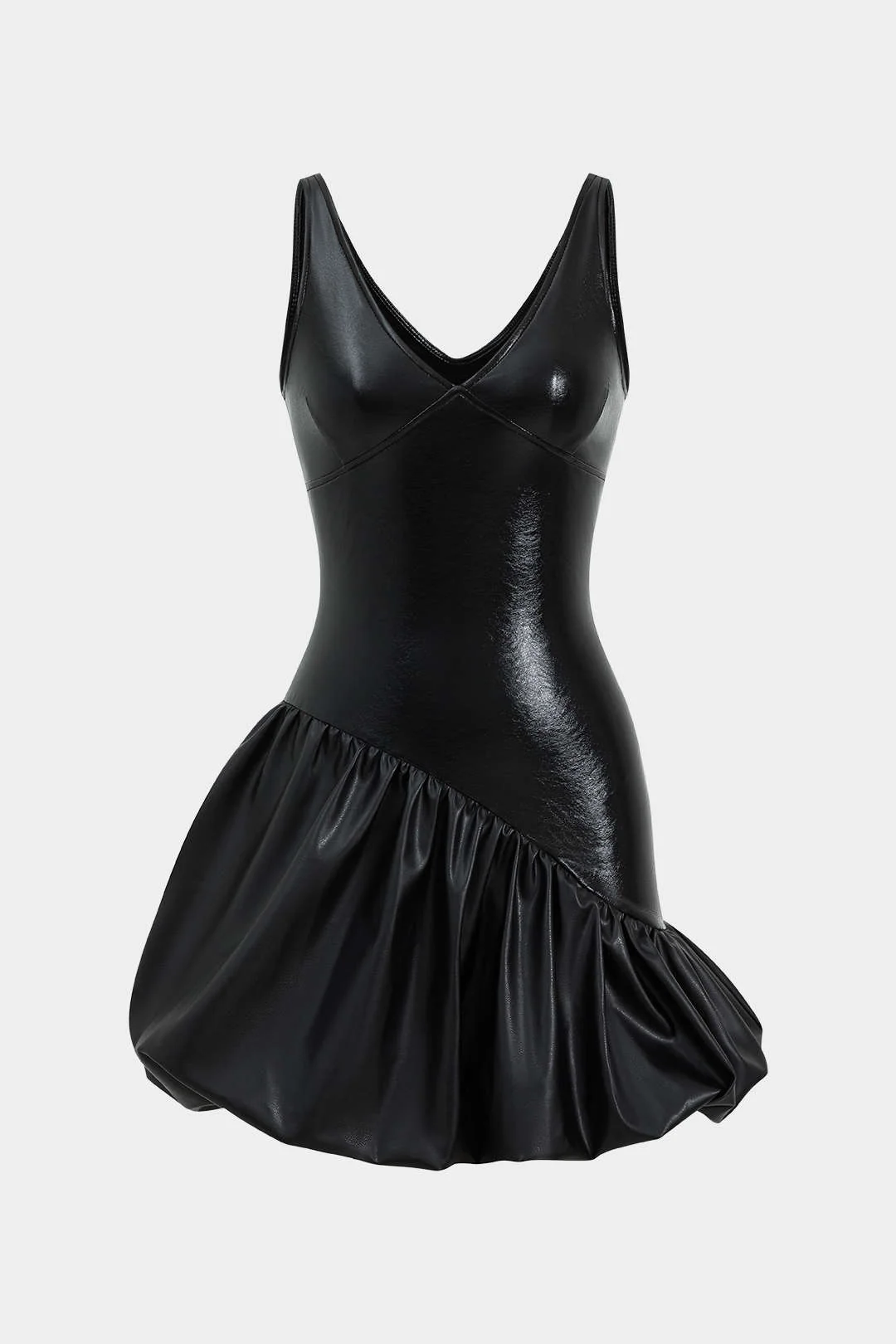 Faux Leather Ruched V-Neck Asymmetrical Mini Dress - Weenar