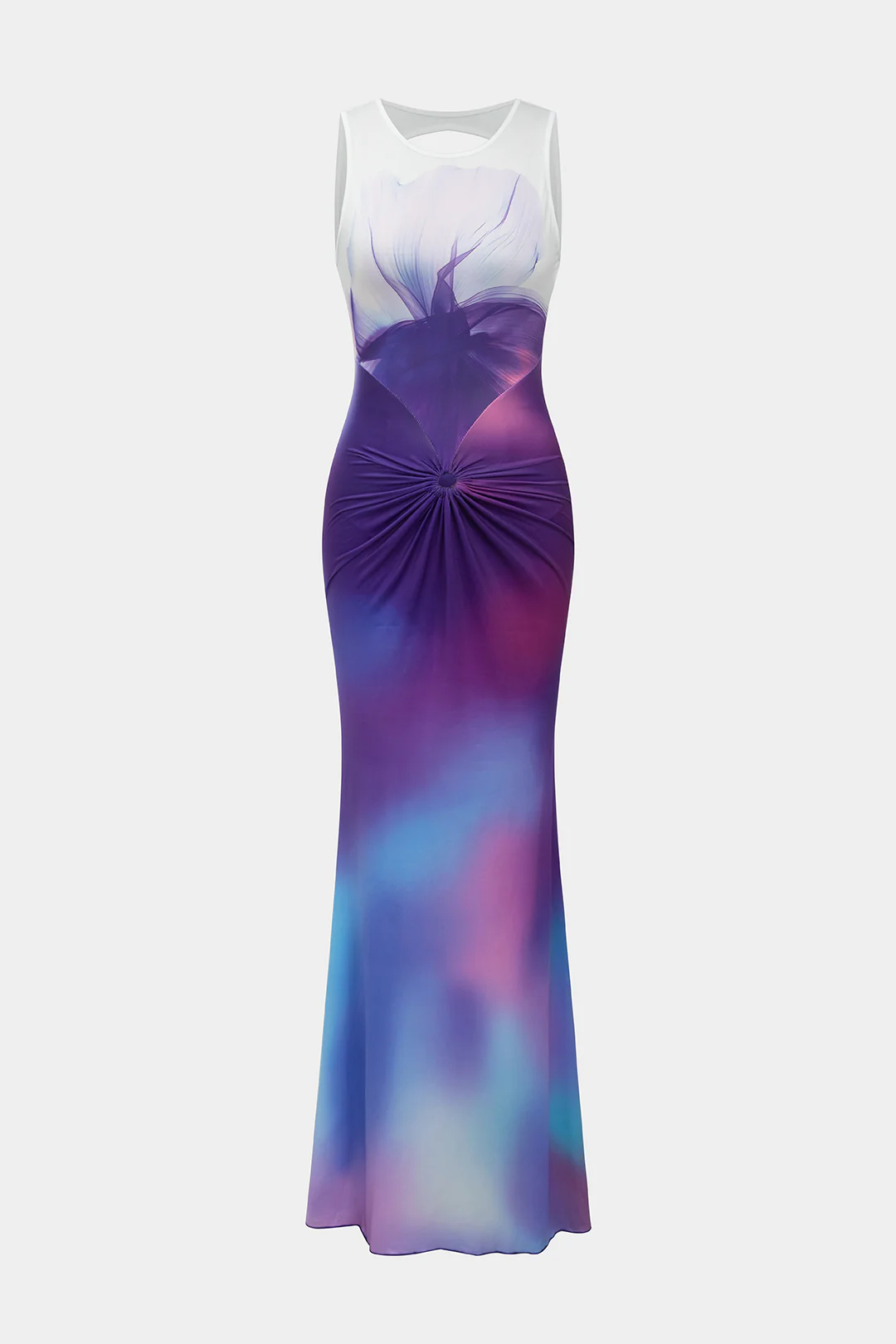 Ombre Floral Print Backless Ruched Sleeveless Maxi Dress - Weenar