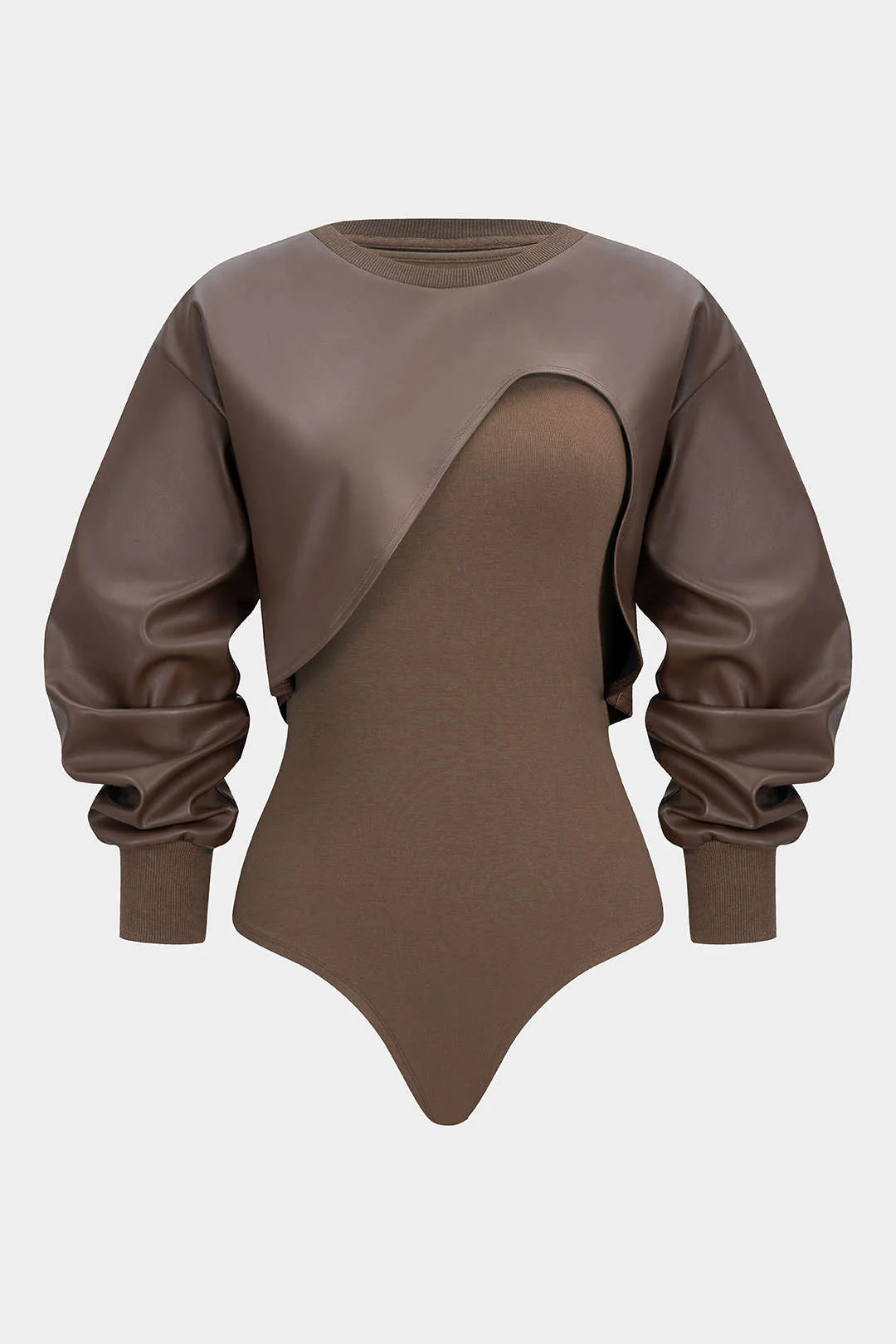 Faux Leather Patchwork Round Neck Asymmetrical Long Sleeve Bodysuit - Weenar